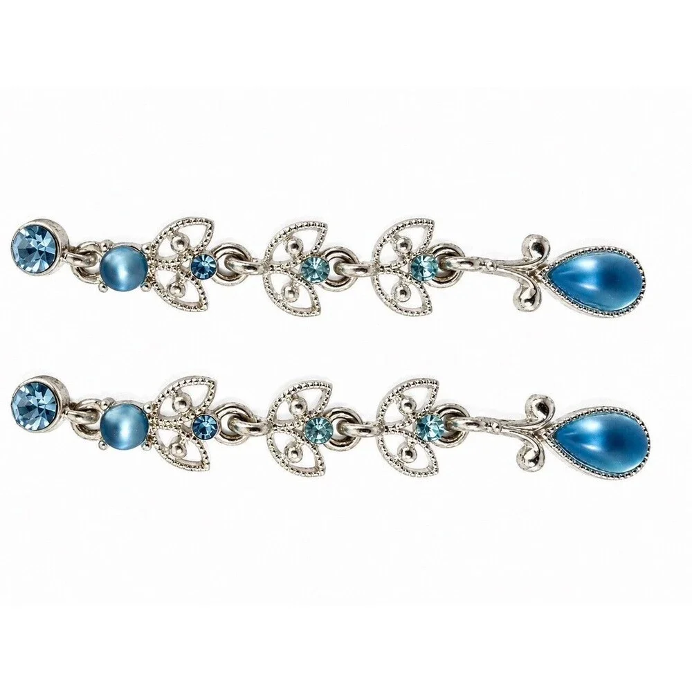 Vintage Blue Crystal Dangle Earrings Silver Tone Filigree Tiered Drop Victorian